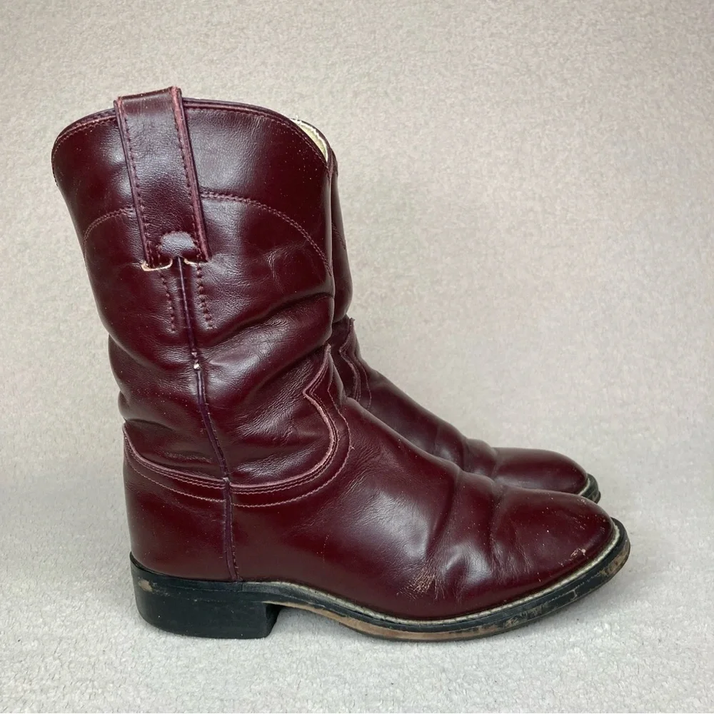 Justin Western Leather Cowboy Roper Boots-Kids 1-Oxblood/Maroon/Burgundy-Classic